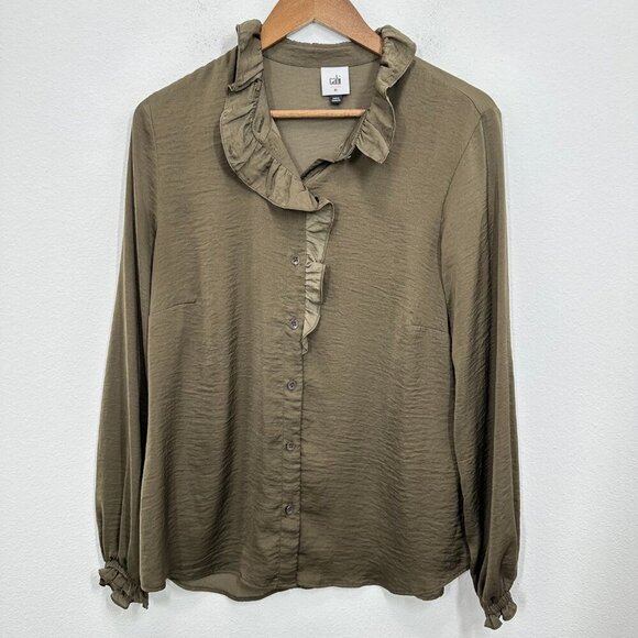 CAbi Women's Size Medium Green Brown Ruffle Button Up Classic Blouse Style #4167 - Picture 1 of 7